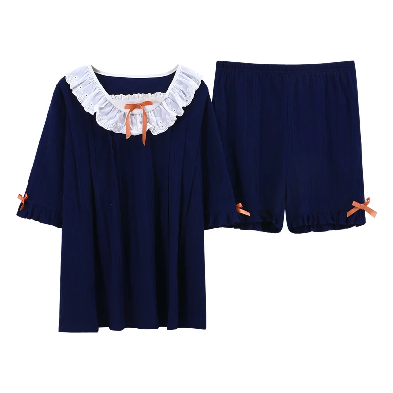 

Kawaii Bows Sweet Girls Homewear Ladies Cotton Nightwear Summer Pajamas Set For Women Korean Blue Ruffle Short Sleeve Sleepwear