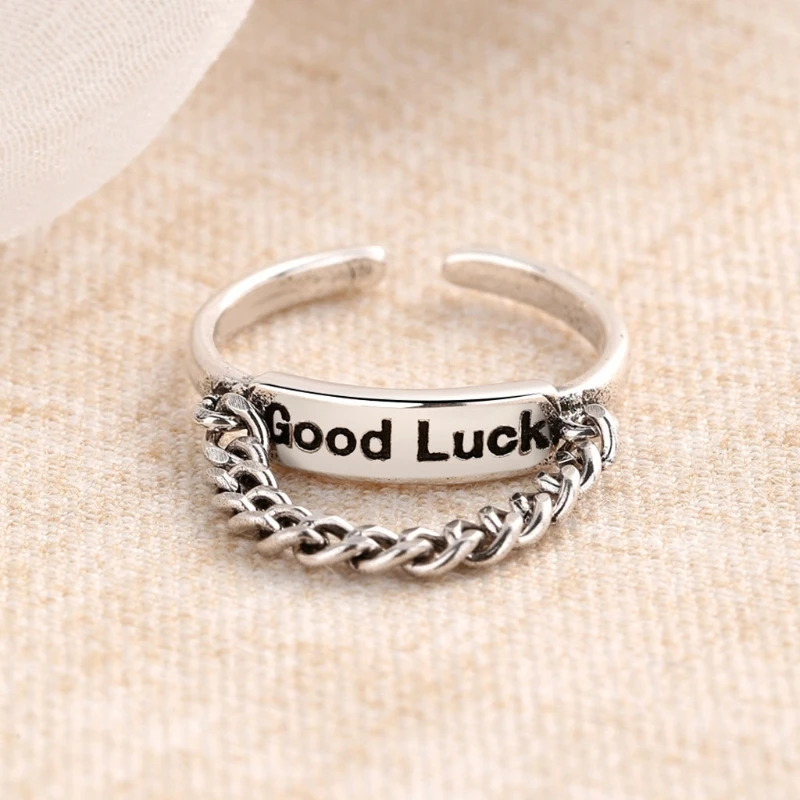 

Retro Classical Engraved Good Luck Band Ring Adjustable Opening Chunky Link Chain Charm Rings Jewelry Gift for Women Men