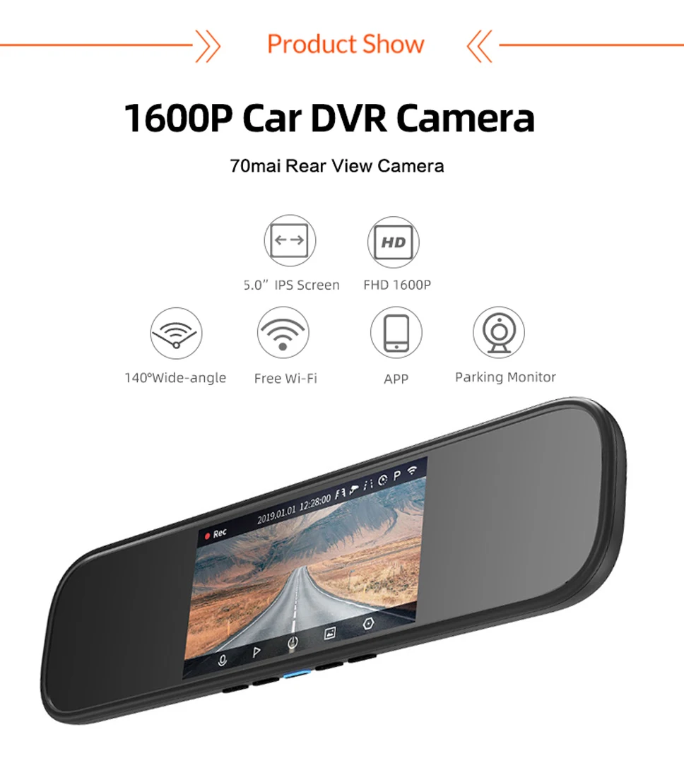 Xiaomi 70mai, зеркало, Автомобильный видеорегистратор 1600P 140FOV, ночное видение, 70 МАИ, зеркало, автомобильная камера, регистратор, 24 часа, монитор парковки, 70mai, зеркало, видеорегистратор