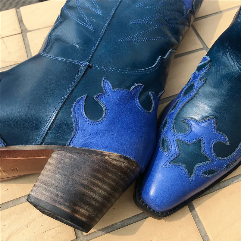 

Retro Genuine Leather Women High Boots Slip On Chunky High Heel Cowboy Boots Pointed Toe Embroidery Botas Mujer
