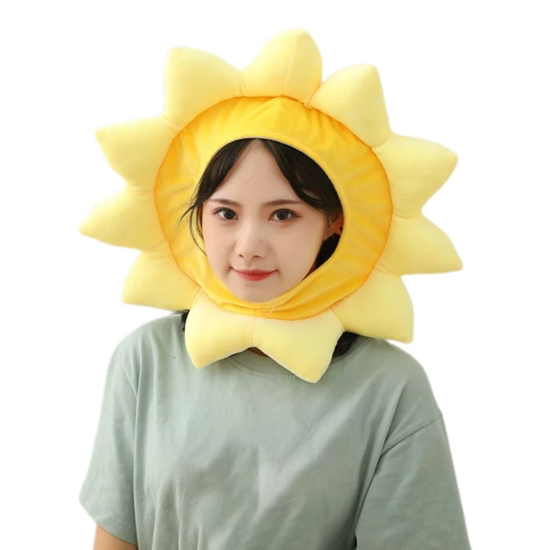 

L5YC Cartoon Yellow Sunflower Plush Hat Funny Stuffed Toy Headgear Party Props