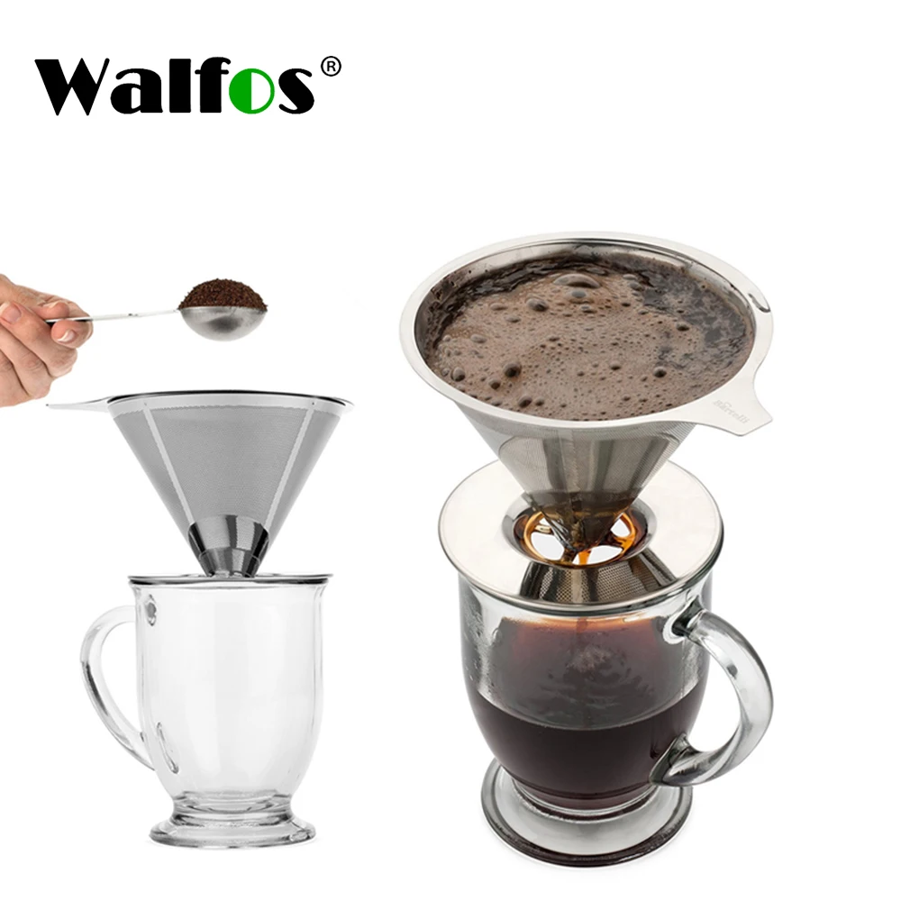 

Walfos Stainless Steel Cone Reusable Coffee Filter Baskets Mesh Strainer Pour Over Coffee Dripper With Stand Holder