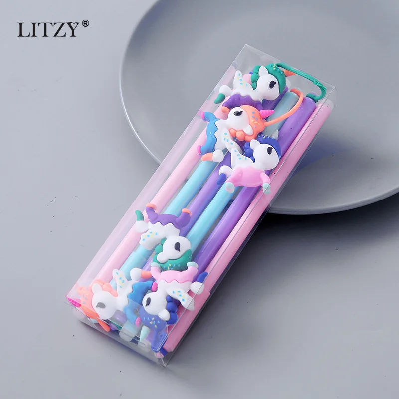 LITZY 6 шт./компл. стираемая гелевая ручка Kawaii Единорог животное Набор для школы