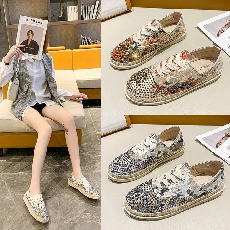 

Rhinestone shoes women's spring and autumn 2021 new Korean style round toe low-heel flat lace-up comfortable casual shoes