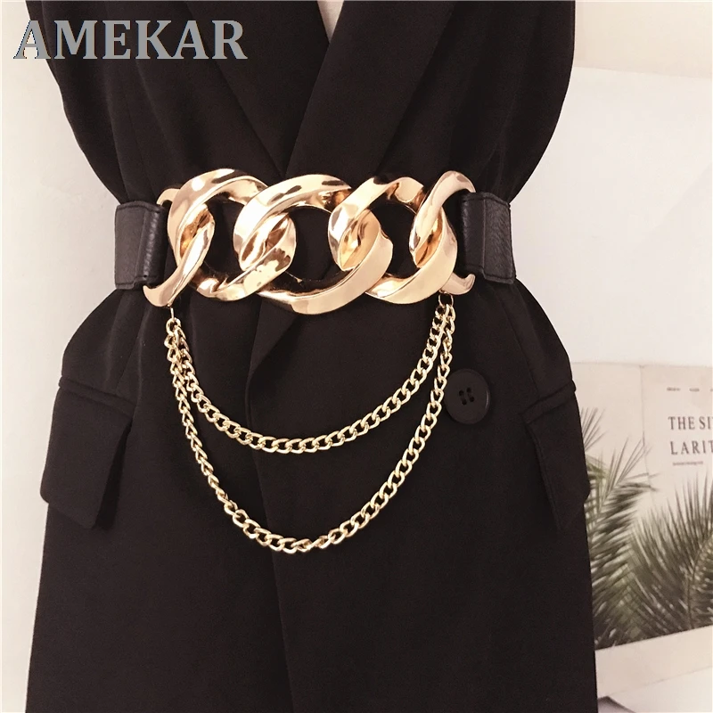 

Punk Big Gold Chain Buckle Belts For Women Fashion Long Tassel Chains Black Waistband HOT New Ladies Dress Party Decorate Girl