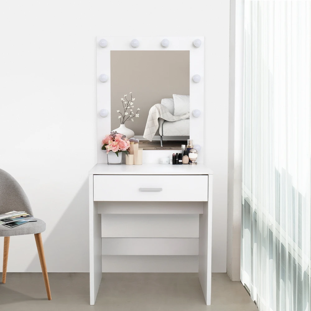 

Dressing Table Dresser Large-Mirror Single-Drawer Solid Wood Legs with Light Cannon 70x50x77CM White/Black[US-Stock]