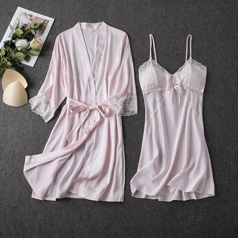

Conjunto de robe de renda sensual, pijamas femininos, decote em v, roupas de dormir, 2 peças, para casa, lingerie, primavera