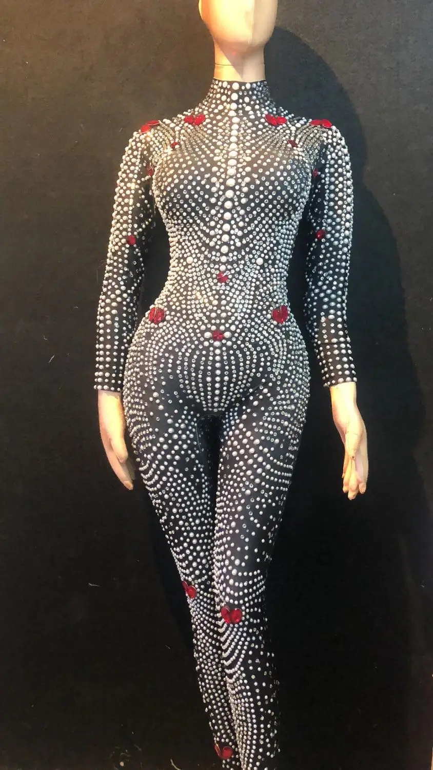 

Women Rhinestone Jumpsuits Stretch Skinny Catsuits Shining Satge Performance Female Rompers Dance Singer Costumes Women Leotard