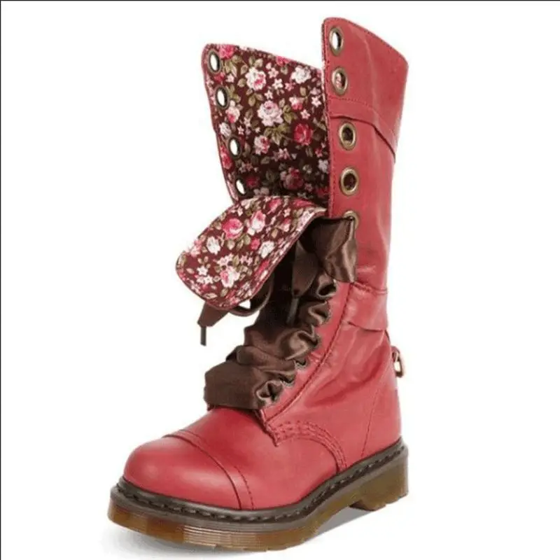 Autumn Women Mid-calf Biker Boots Pu Leather Flower Lining Boot Tube Foldable Cross Lace Up Platform Flat Heel Round Toe Shoes | Обувь