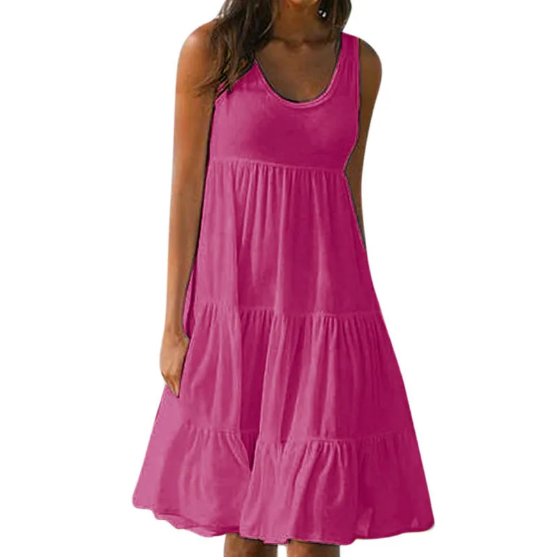 2021 без рукавов для пляжной вечеринки платье женщин однотонное летнее с круглым