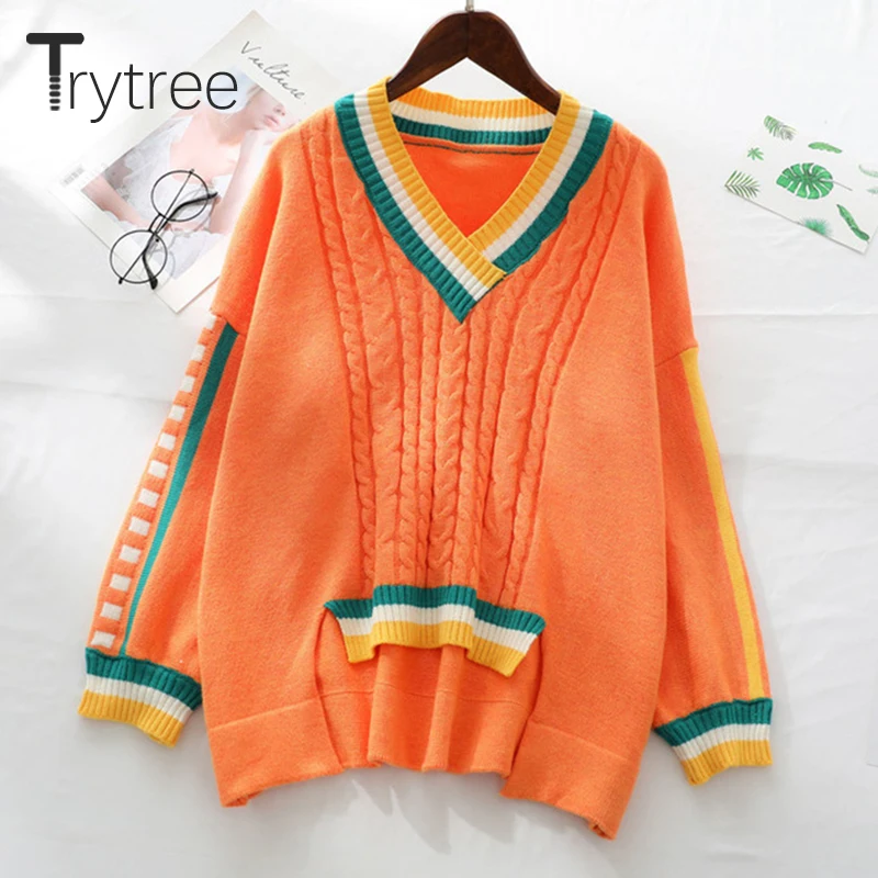 Зимний женский Повседневный свитер Trytree вязаный с V-образным вырезом пуловеры в