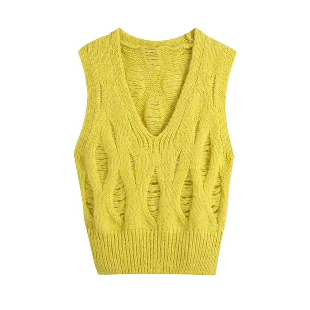 

BBWM 2021 Autumn Women Vintage V Neck Yellow Sweater Vest Female Casual Streetwear Hollow Out Pullover Slim Chic Waistcoat Top