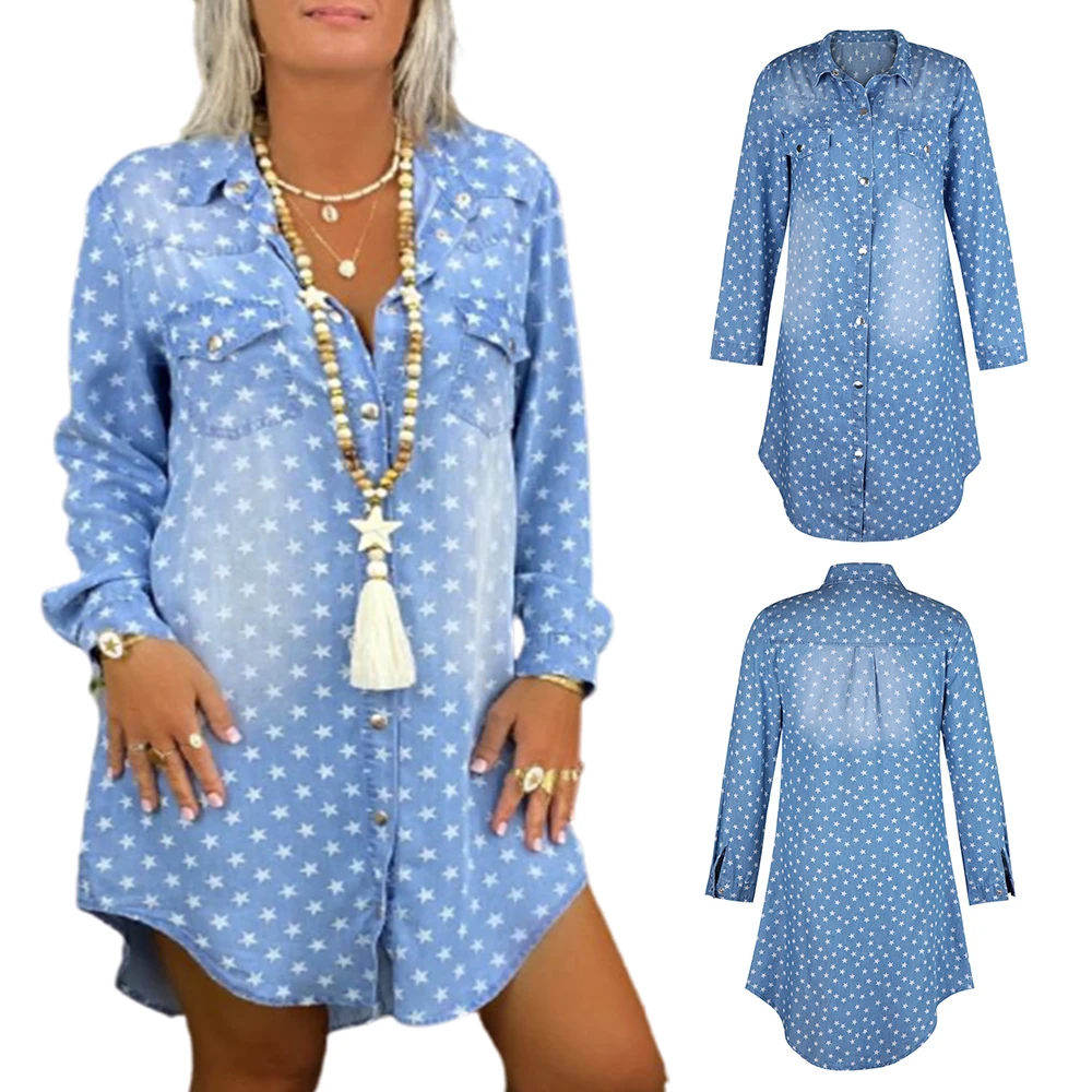 

Womens Denim Dress Ladie Loose Printed Mini Dresses Female Casual Holiday Denim-dress Long Sleeve V-Neck Dress