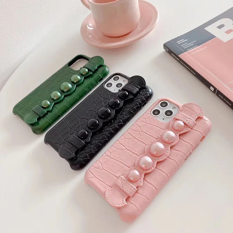 Luxury Crocodile Pattern PU Phone Case Cover for iPhoneX XS XR XSMAX 7 Plus with pearl Strap iphone11 11pro Max | Мобильные телефоны