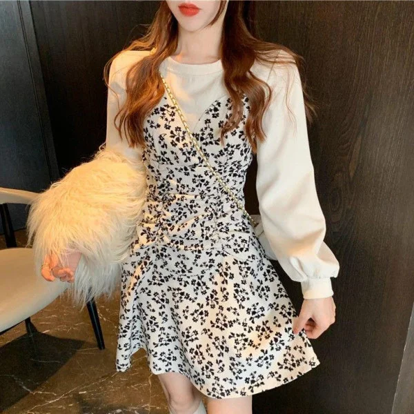 

CMAZ Dress For Women2021 New Autumn Fake Two-Piece Fried Street Floral Jumpsuit
