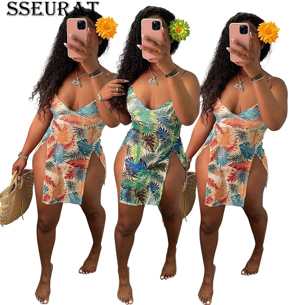 

SSEURAT Women Mini Dress Print Spaghetti Strap V-neck Elastic Splited Above Knee Length Dresses Sexy Night Club Party Vestidos