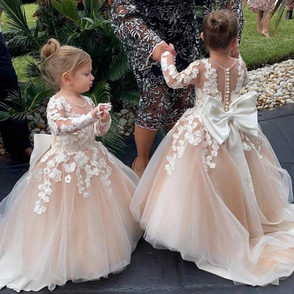 

Flower Girl Dresses EmbroidereTulle Puffy Baby Wedding Party Lace Applique Kid Birthday Dress First Communion Gown