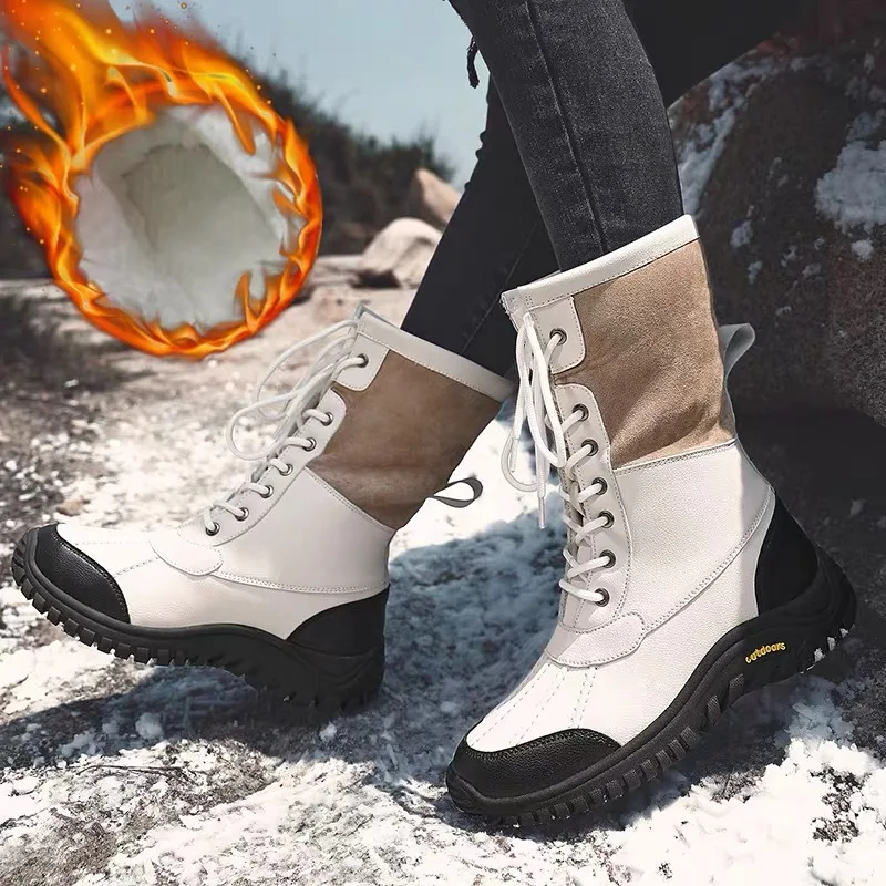 

Womans Pink Leather Snow Boots Waterpoof Cold Defying Winter Boots Feet Warmer Outdoor Fishing High Top Sneaker Shoes 2021 New