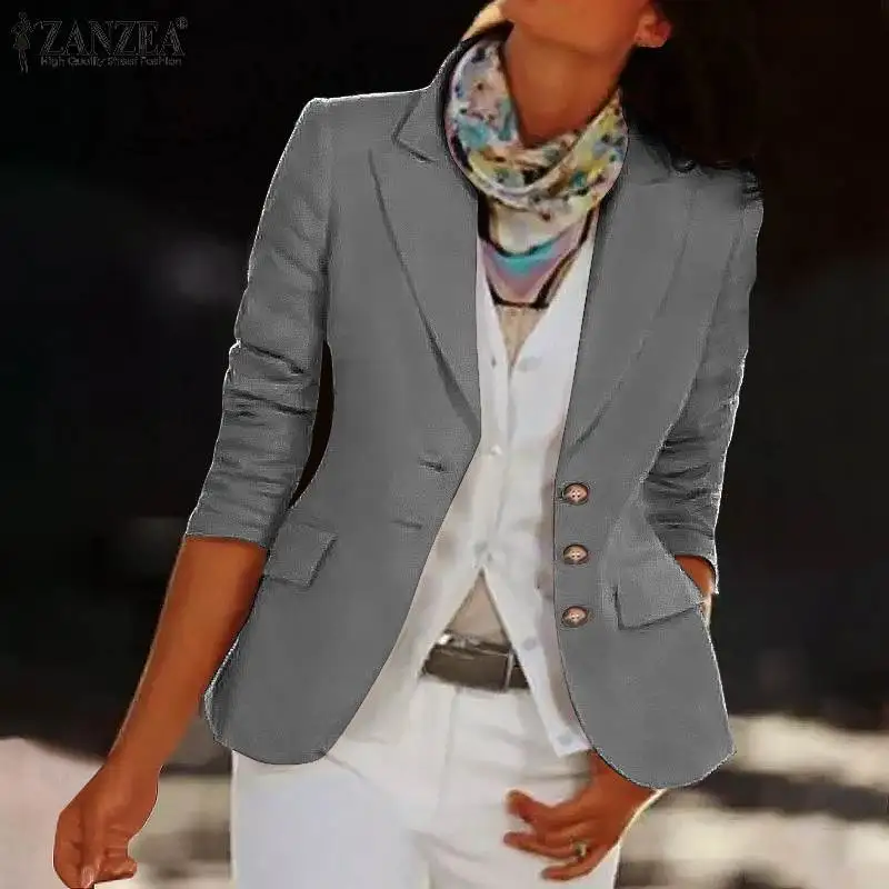 

Stylish Women Autumn Coats ZANZEA 2021 Solid Blazer Casual Long Sleeve Outwears Female Single Button Overcoats Tunic Oversized