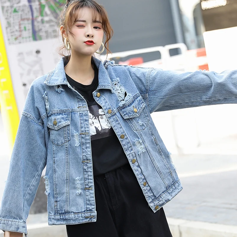

2021 Fashion The New Loose Wash Hole Rivet Wild Denim Jacket Free Shipping