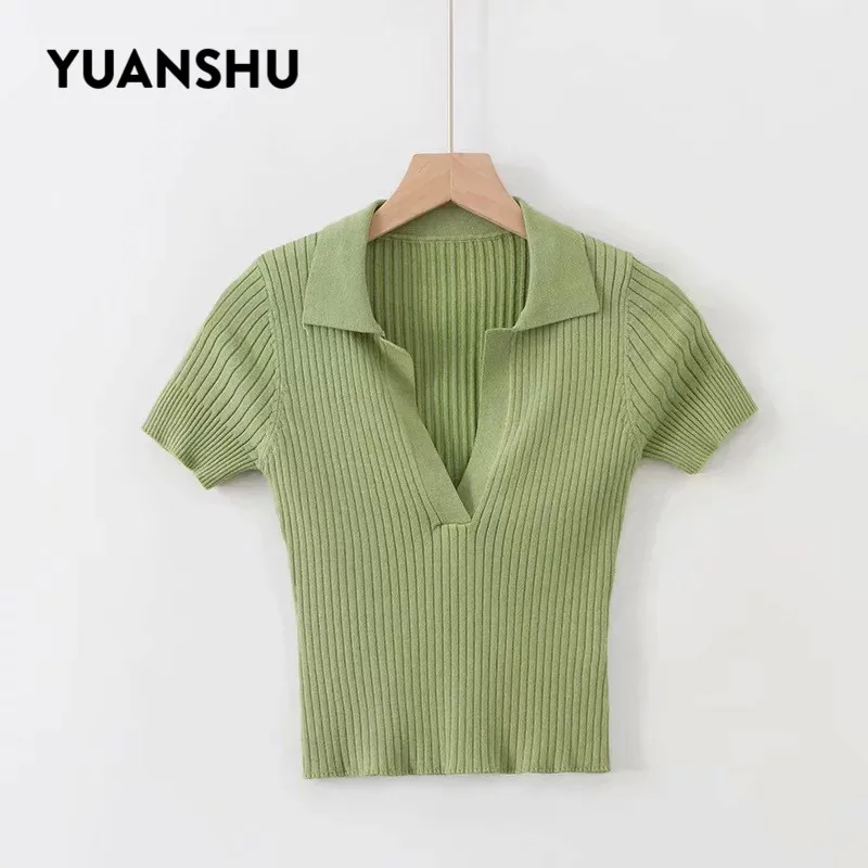 YUANSHU 2019 пикантный однотонный вязаный пуловер с V-образным вырезом полосатый