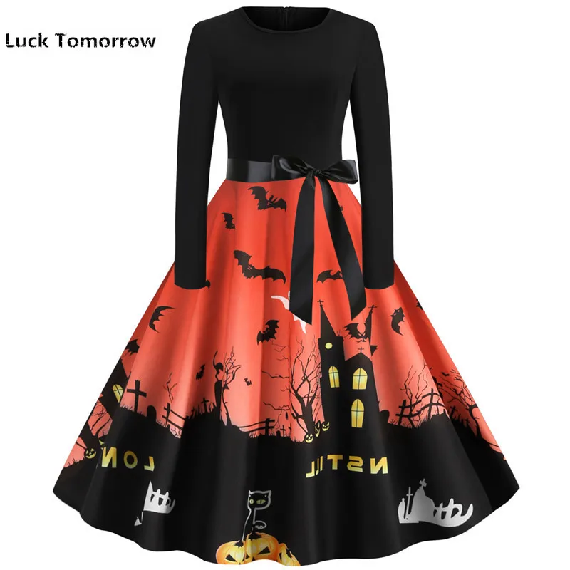 Женское платье с длинным рукавом зеленое в стиле 50-60-х годов тыквой черепом на