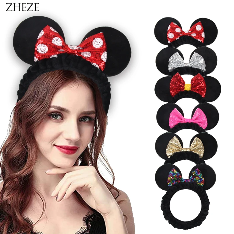 

8Pcs/Lot Hot Sales Mouse Ears Bath Hair Holder Soft Coral Fleece Sequins Bow Hairband Girls Makeup Hair Accessories For Women