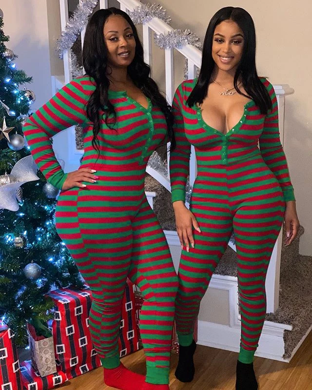 

Women's Xmas Lounge Sleepwear 2020 New Autumn Winter Clothes Casual Women's Christmas Jumpsuits Homewear Pajamas Striped Rompers