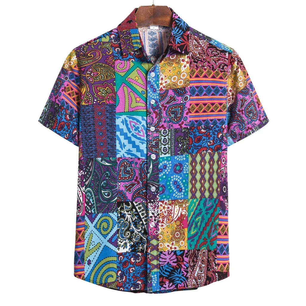Mens Summer Fashion Stand Collar Strip Print Short Sleeve Shirt Top Cotton Linen Printing Hawaiian Camisas Hombre 3.30 | Спорт и