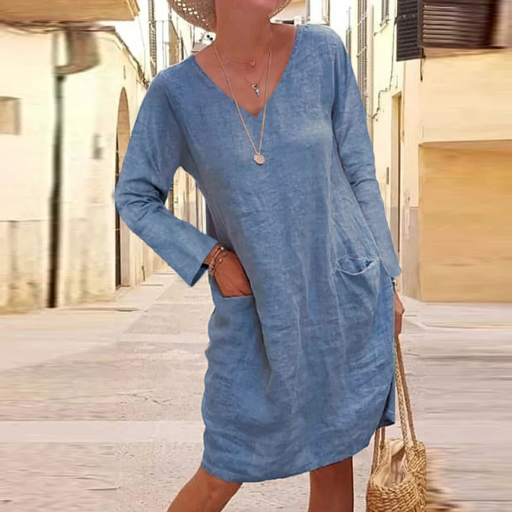 

Summer Dress Casual Sleeve Dress Vintage Elegant Dress Linen Autumn Plus Pocket Long Loose Party Women Size V-Neck Ladies Cotton