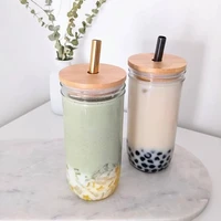 500900ml mason jars for drinking cup bubble tea with bamboo lid reusable glass boba smoothie cup with stainless steel straw