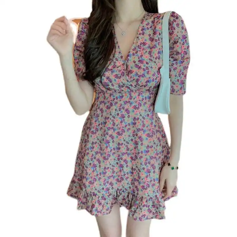 

Retro Slimming Floral V-neck Dress 2021 Spring/Summer New Elegant Ruffle Waist Trimming Short-Sleeved A- line Dress for Women