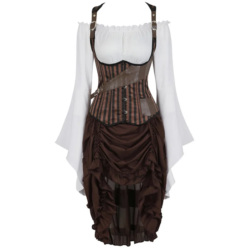 

Нижний Бюст, корсет в стиле стимпанк, платье, пиратский костюм, готические панк корсеты, белая блузка с искусственными 3 предметами, женская ...