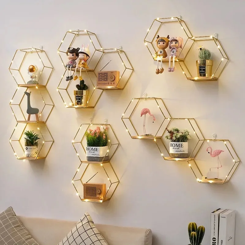 Wall Hanging Storage Room Decoration Frame Craft Nordic Hexagonal Iron Art Creative Display Shelf Holder Modern Home Accessory | Дом и сад