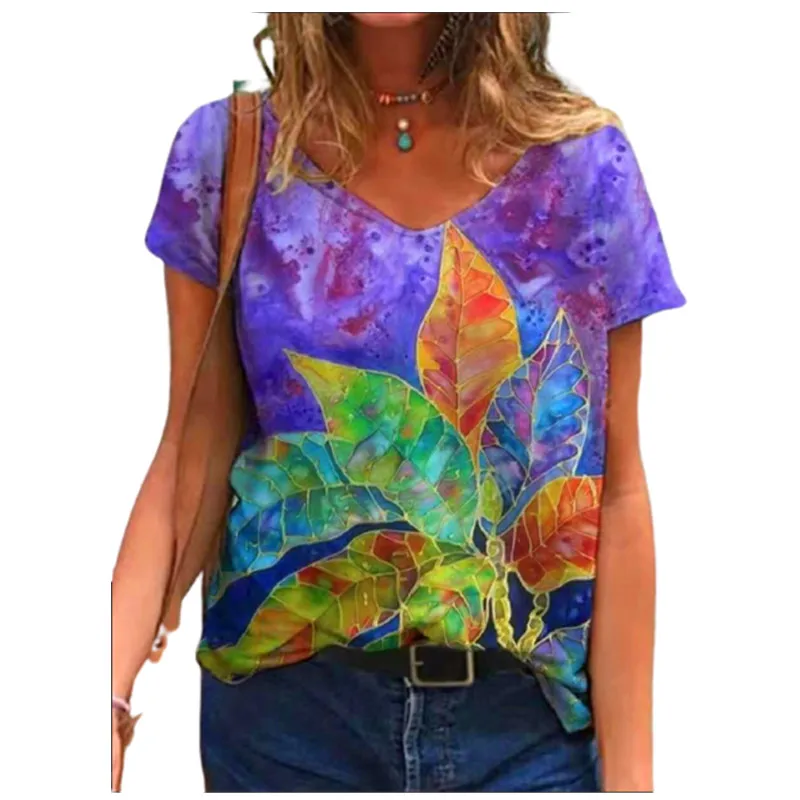 

Women 3D Leaves Printed Summer T Shirts Nice Casual V-Neck Short Sleeve Loose Tops Female Multicolor Tee Shirts Oversized S-3XL