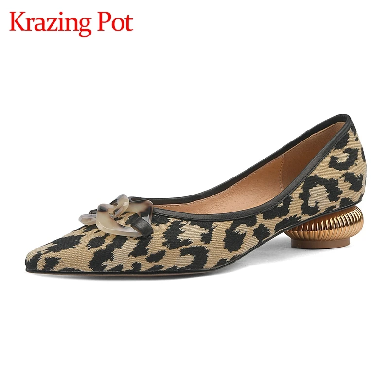 

Krazing pot spring modern shallow party sexy pointed toe strange thick low heels fasteners sheep skin leopard women pumps l01