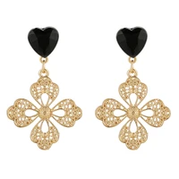 punk minimalism antique hallow flower designs black onyx gold plated stud earring jewelry