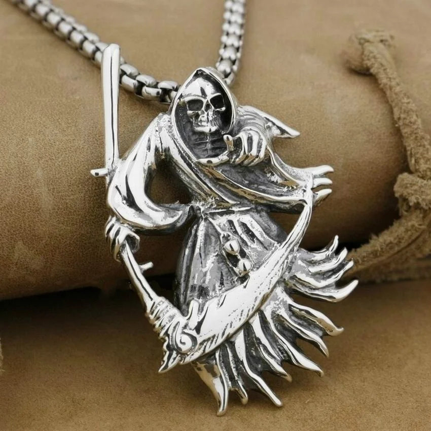 

Gothic Vintage Stainless Steel Grim Reaper Death Scythe Skull Pendant for Mens Biker Rock Punk Steel Chain Necklace