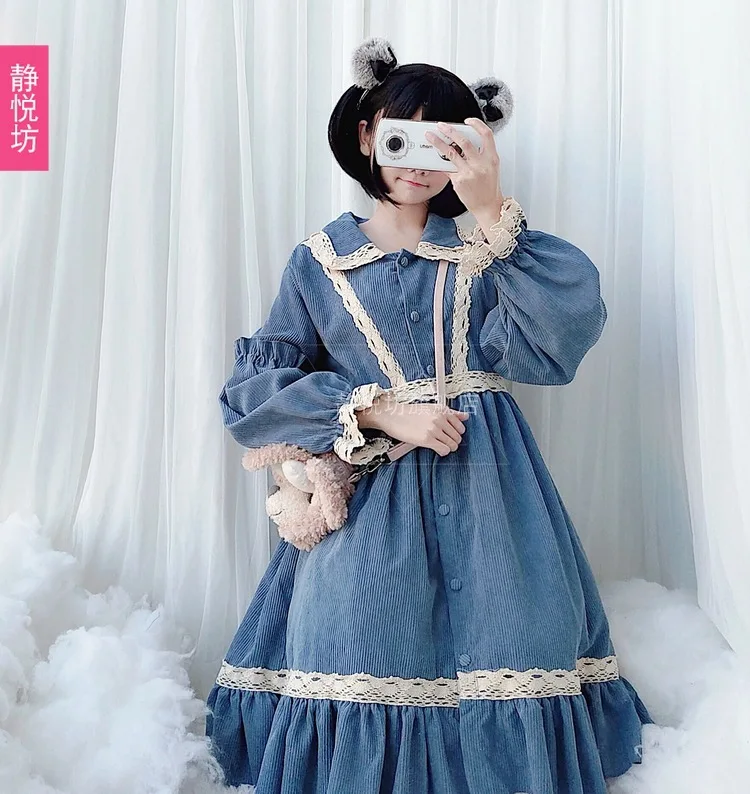 Мягкое вельветовое платье в стиле Лолиты для девочек плотное весенне-осеннее с