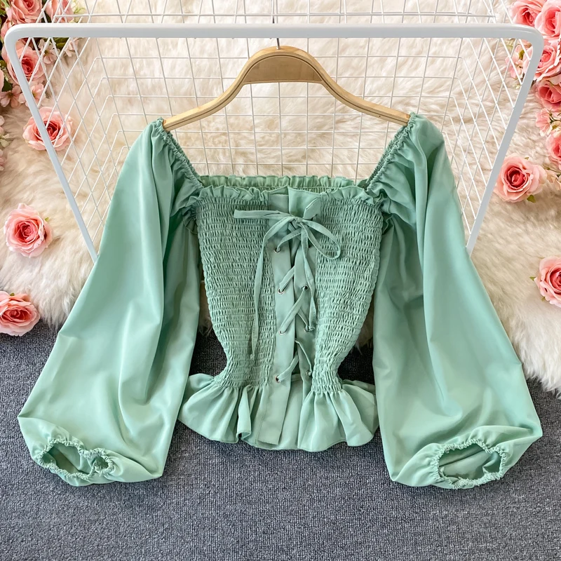 

Autumn elegant Retro Long Sleeve Square Collar Shirt women blouse Female Ruffle Waist Thin Top Short Shirt Folds blusas mujer