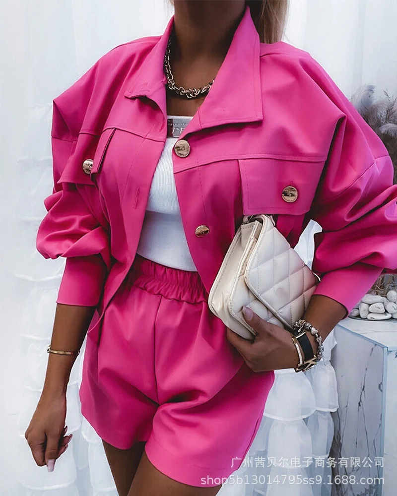 

Spo2021 women's new lapel hot drilling jacket casual two-piece suit ladies spring and autumn fashion solid color tooling suit