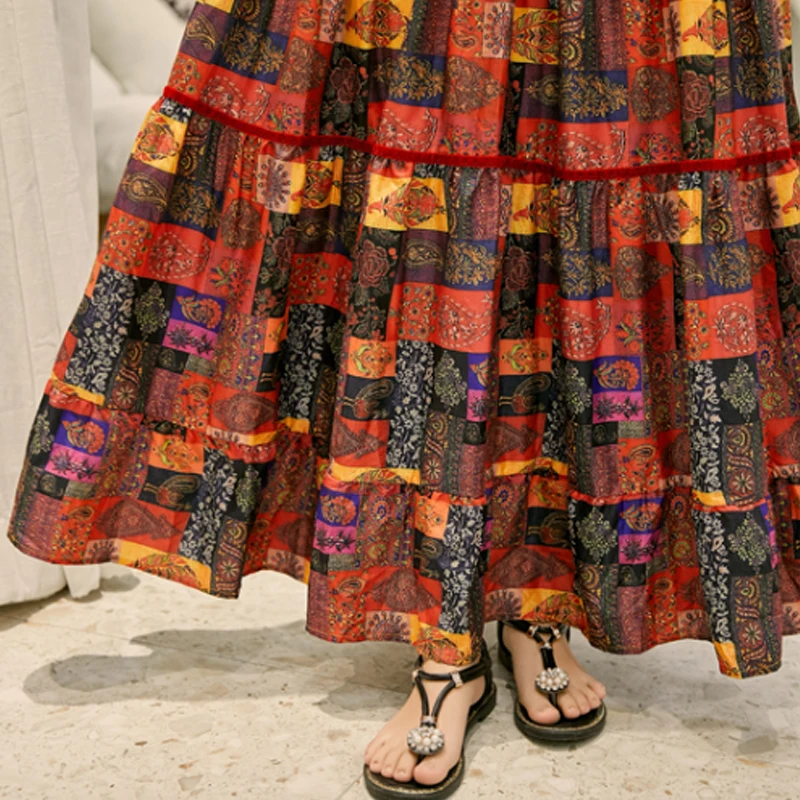 

Nepal Bohemian Printed Beach Dress Thailand National Style Vintage Embroidered Loose and Plus-sized Dress Women