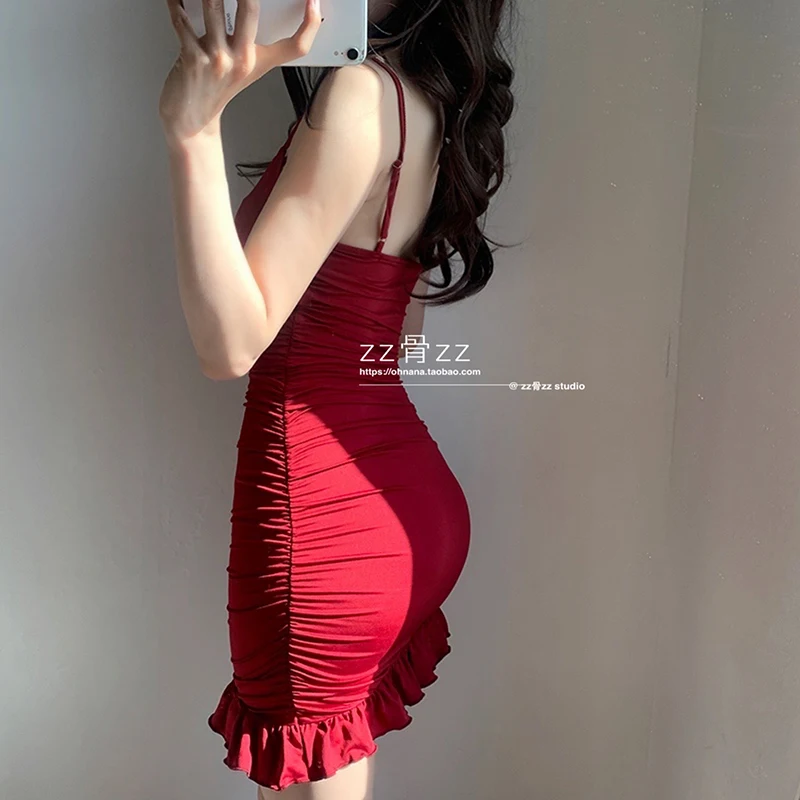 

MDNG Sexy Low Bust V-neck Irregular Slim Buttock Elastic Solid Color Tank Ruffles Mini Vest Dress Korea Women Dresses WQ98