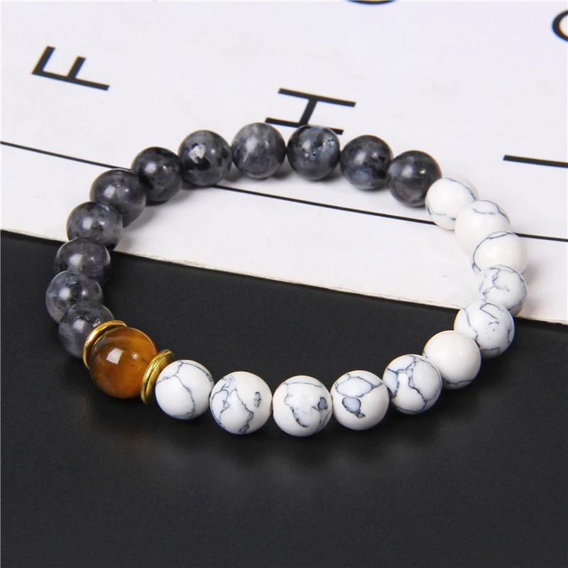 Модный мужской браслет натуральный круглый лабрадорит каменные бусины белый с