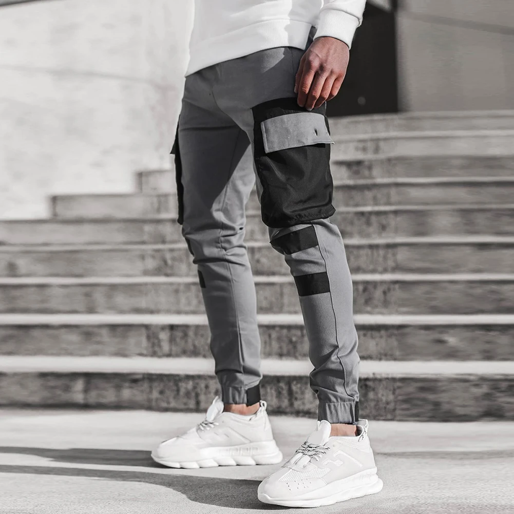 

Men Autumn Winter Pocket Patchwork Jogger Trousers Long Cargo Pants Streetwear