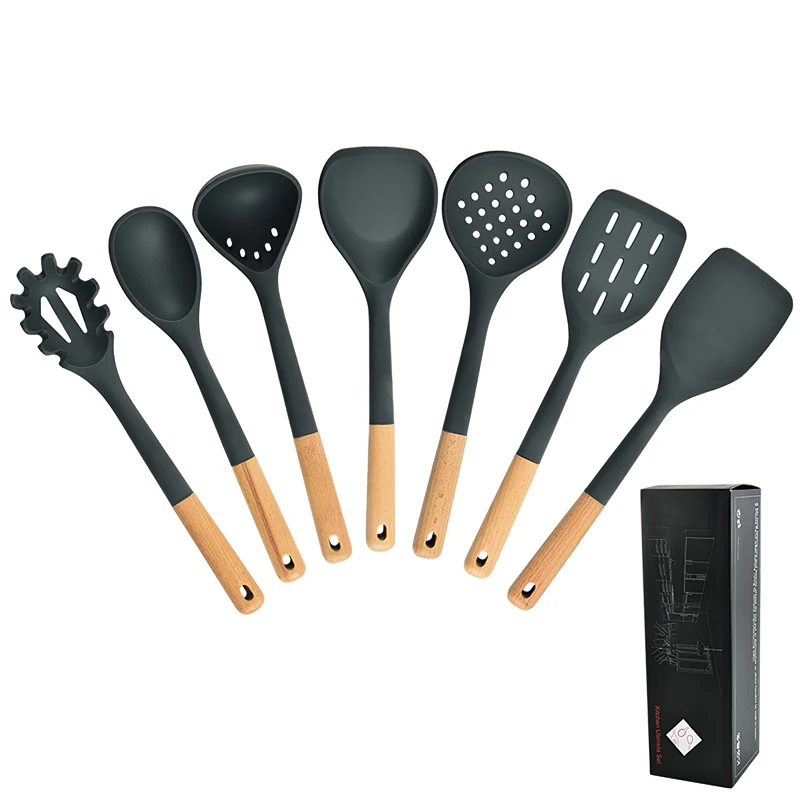 

7 Pcs Silicone Kitchenware Set Frying Spatula Soup Spoon Rice Environmental Protection Material Solid Wood Handle Cooking Tools