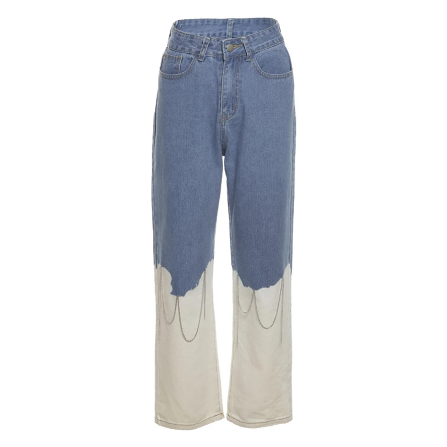 

Sylcue Summer retro style sweet hot wind design sense deconstruction of two sections of stitching high waist jeans women pants
