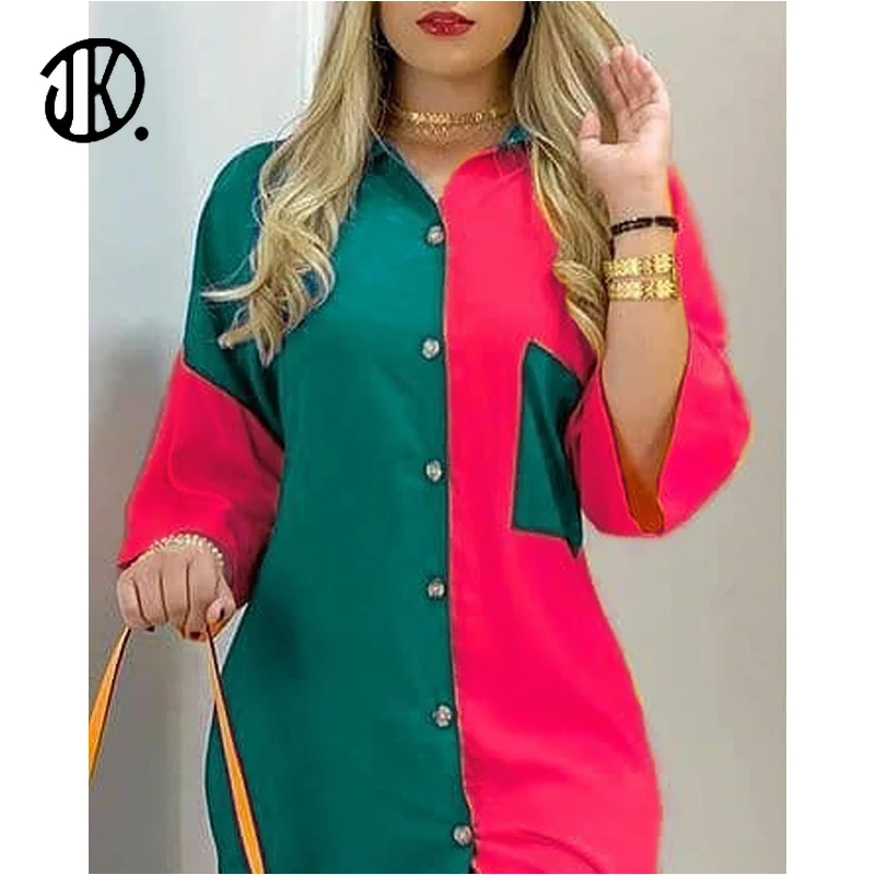 

Vintage Print Patchwork Shirt Dress Lapel Long Sleeve Pocket Midi Beach Dresses Boho Single Breasted Casual Buttock Hip Dresses