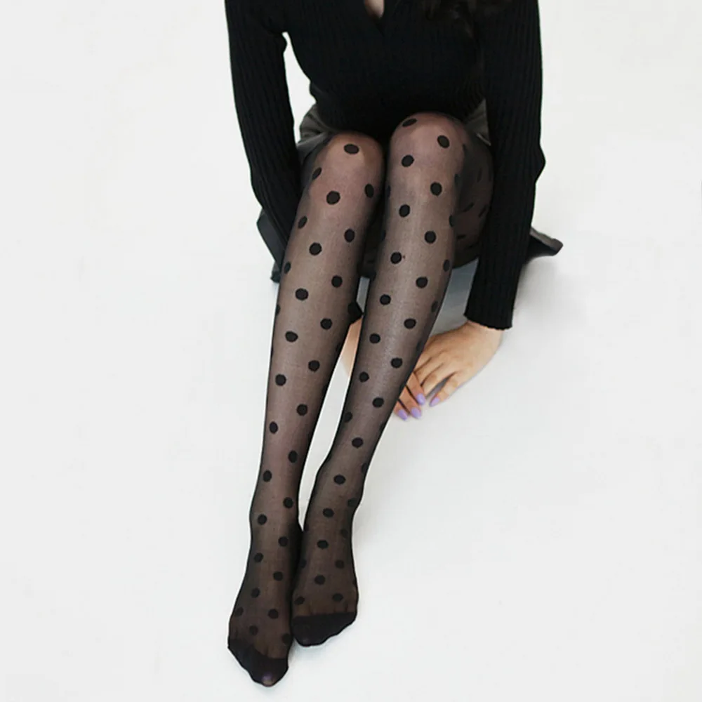 Женские колготки классические шелковые чулки в горошек. Дамские винтажные