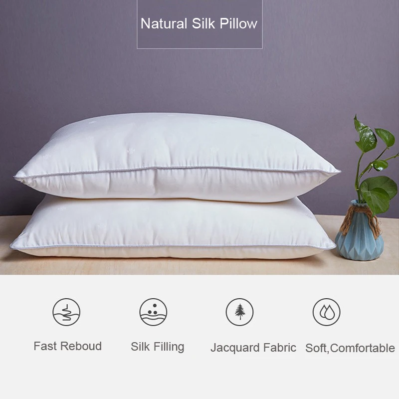 Almohadas de cama de seda Mulberry, relleno de seda Natural, Jacquard, anti&aacute;caros, suaves y esponjosas, para Hotel y cuello, 48x74, 1100 gramos-1